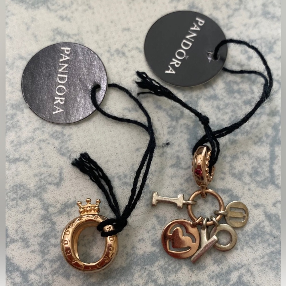 Pandora Charms, Lot of 2, Rose Gold Tone, I love you dangle Charm, Crown O Charm